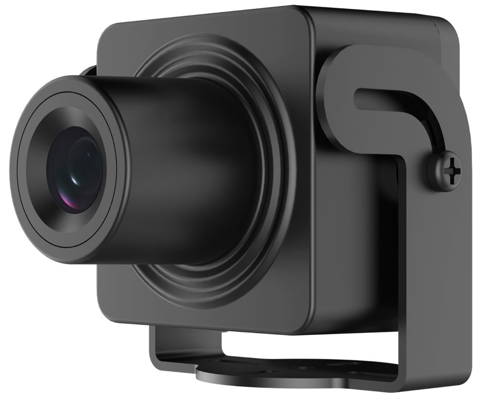 Schwarze Überwachungskamera mit zylindrischem Objektiv und stabiler Halterung, leicht geneigt dargestellt.