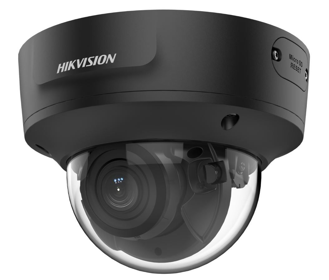 Schwarze Sicherheitskamera von Hikvision in einer Kuppelbauform, mit sichtbarer Linse und Mikro-SD-Kartenfach.