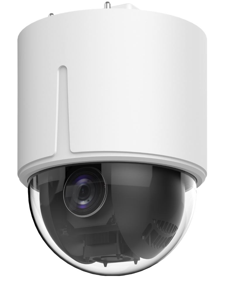 Weiße, kugelförmige Überwachungskamera mit sichtbarer Linse, in einem Gehäuse eingebaut.