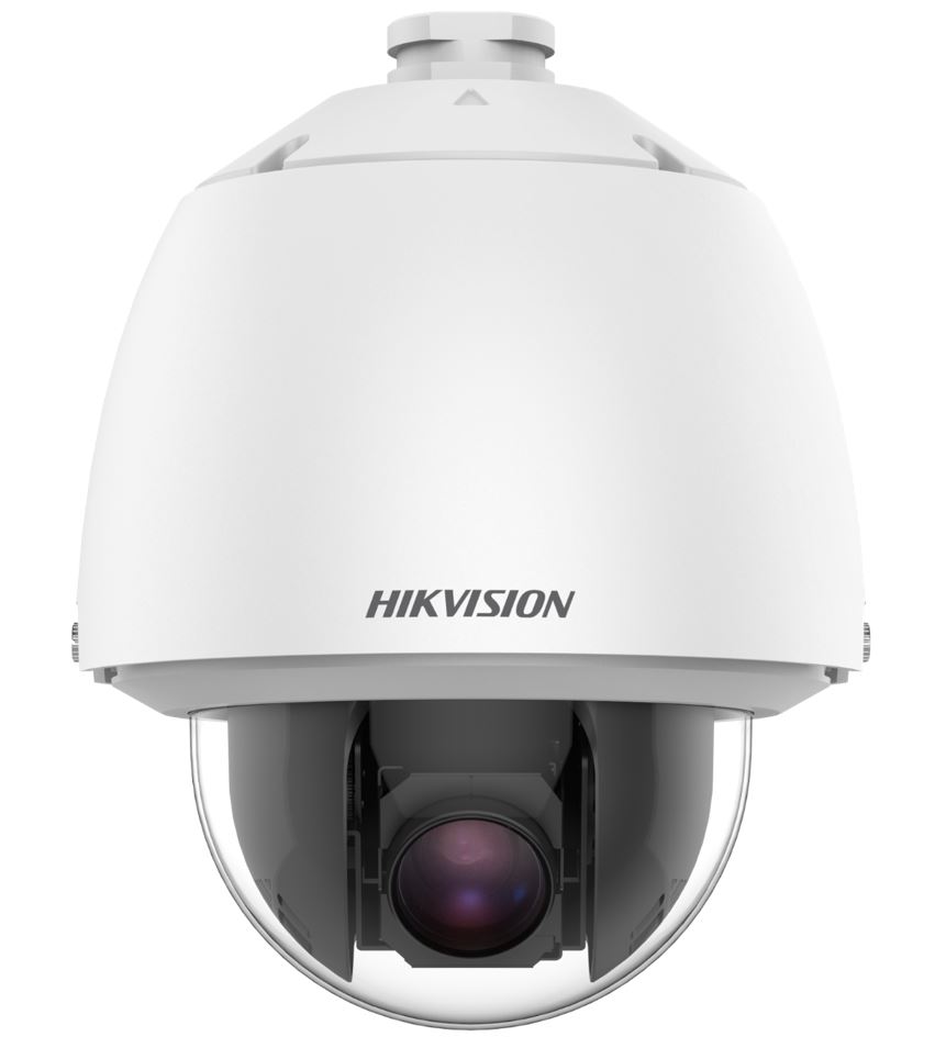 Weißer Dome-Überwachungskamera von Hikvision mit kuppelförmigem Gehäuse und sichtbarem Objektiv.