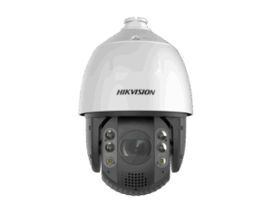 Weiße Überwachungskamera von Hikvision mit rundem Gehäuse und mehreren LED-Lichtern um das Objektiv herum.