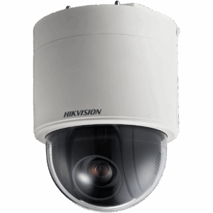 Eine weiße Sicherheitskamera von Hikvision im Kuppeldesign mit sichtbarem Objektiv.