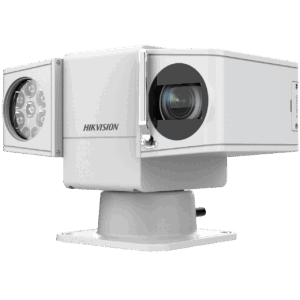 Eine moderne Überwachungskamera der Marke Hikvision mit rechterckigem Gehäuse und beweglichem Standfuß.