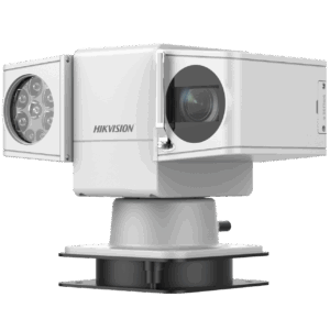 Hikvision Sicherheitskamera in silbernem Gehäuse mit objektivartigen Komponenten an beiden Enden, montiert auf einem Sockel.