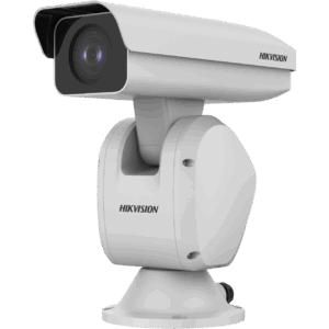 Weiße Überwachungskamera von Hikvision mit einem robusten Gehäuse und einem verstellbaren Standfuß.