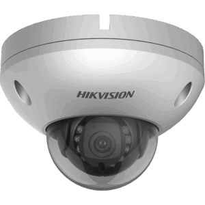 Überwachungskamera von Hikvision mit weißem, kuppelförmigem Gehäuse und schwarzer Kameraeinheit innen.