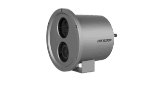 Industrielle Überwachungskamera von Hikvision in zylindrischer Form, mit zwei Linsen auf der Vorderseite.