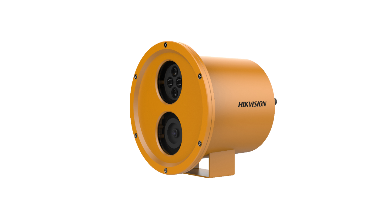 Orangefarbene runde Kamera von Hikvision mit zwei Linsen, montiert auf einem Ständer.