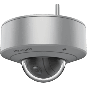 Eine silberfarbene Überwachungskamera von Hikvision mit einer runden Kuppel und einer Antenne auf der Oberseite.