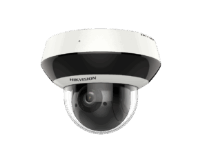 Ein weiße und schwarze Überwachungskamera von Hikvision mit einer transparenten Kuppel und einem sichtbaren Objektiv.