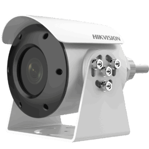 Weiße Überwachungskamera von Hikvision mit Objektiv in einem robusten Gehäuse und verstellbarer Halterung.
