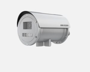 Silberne Überwachungskamera von Hikvision mit zylindrischem Gehäuse und abgerundetem Dach.