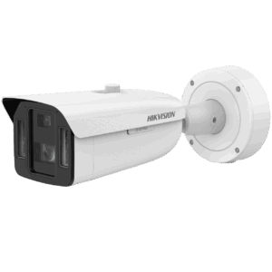 Weiß-graue Überwachungskamera von Hikvision mit rechteckigem Gehäuse und runder Wandhalterung.