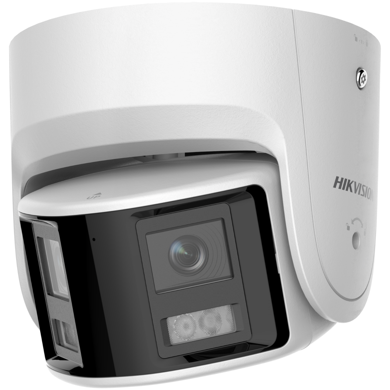 Nahaufnahme einer Sicherheitskamera von Hikvision mit einem robusten weißen Gehäuse und einem rechteckigen Objektivbereich.