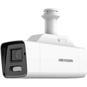Weiße Überwachungskamera von Hikvision mit länglichem Gehäuse und sichtbarer Linse.