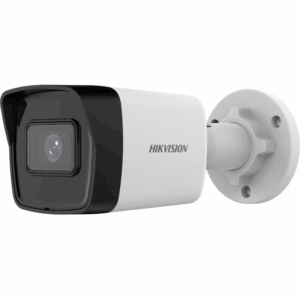 Eine Hikvision-Überwachungskamera in Schwarz-Weiß mit einem kompakten, zylindrischen Design, montiert auf einer runden Halterung.