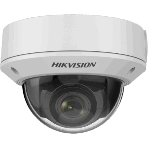 Überwachungskamera von Hikvision in einer weißen Kuppelabdeckung mit sichtbarem Kameraobjektiv.