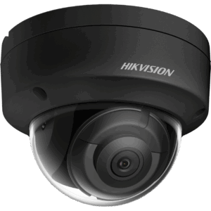 Eine schwarze Dome-Überwachungskamera von Hikvision mit einer transparenten Abdeckung und einem kompakten Design.