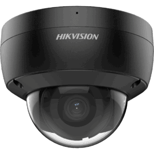 Eine schwarze Überwachungskamera mit Kuppel und dem Aufdruck "HIKVISION" auf der Vorderseite.
