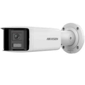 Weiße Überwachungskamera von Hikvision mit zylindrischer Form, an einer Wandhalterung montiert.