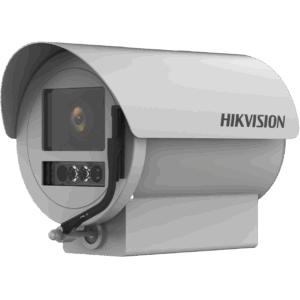 Graue CCTV-Kamera von Hikvision mit einem Schutzgehäuse und einem eingebauten Objektiv.