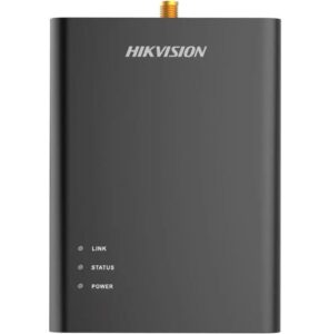 Ein schwarzes Gerät von Hikvision mit den Anzeigen "LINK", "STATUS" und "POWER" auf der Vorderseite.