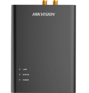 Graues technisches Gerät mit der Aufschrift 'Hikvision' oben; darunter befinden sich drei Statusanzeigen: Link, Status und Power.