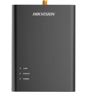 Schwarzes Hikvision-Gerät mit der Aufschrift "LINK", "STATUS" und "POWER" an der Vorderseite und einer goldfarbenen Buchse oben.