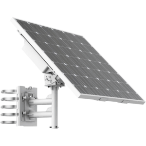 Eine seitlich montierte Solarpaneel-Anlage auf einem weißen Metallgestell.