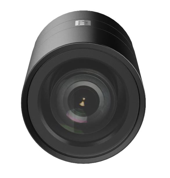 Nahaufnahme eines schwarzen Kameraobjektivs auf weißem Hintergrund.