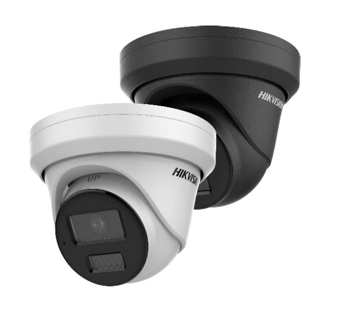 Zwei Überwachungskameras der Marke Hikvision in Weiß und Schwarz, jeweils in einer kompakten Kuppelform.