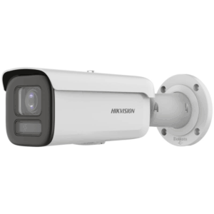 Weiße Hikvision-Überwachungskamera mit länglichem und schlankem Design zur Wandmontage.