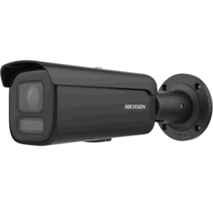Eine schwarze Überwachungskamera der Marke Hikvision mit einem zylindrischen Gehäuse und einer Halterung zur Wandmontage.