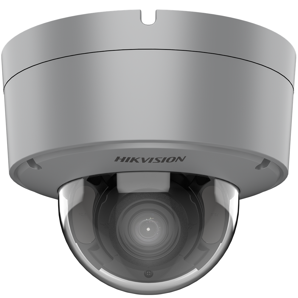 Eine graue Überwachungskamera von Hikvision in einer gewölbten Kuppel mit sichtbarem Objektiv.