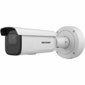 Überwachungskamera der Marke Hikvision in Weiß, mit zylindrischem Gehäuse und wetterfestem Design, montiert auf einer kreisförmigen Halterung.