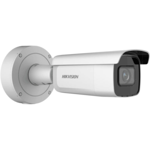 Silberfarbene Überwachungskamera der Marke Hikvision, mit rechteckigem Gehäuse und montierbarer Wandhalterung.