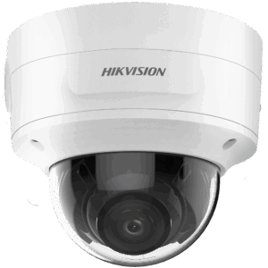 Nahaufnahme einer runden, weißen Überwachungskamera von Hikvision mit einem durchsichtigen Dome-Gehäuse, das die Linse sichtbar macht.