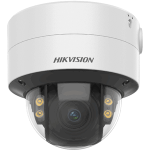 Eine weiße Überwachungskamera von Hikvision mit einer durchsichtigen Kuppel und mehreren Infrarot-LEDs um das Objektiv herum.