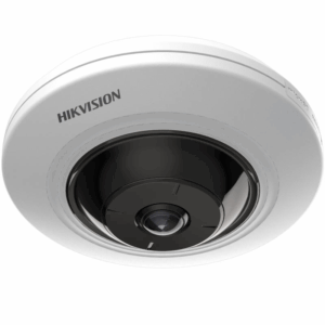 Rundförmige Überwachungskamera von Hikvision mit einem schwarzen Objektivbereich im Zentrum eines weißen Gehäuses.