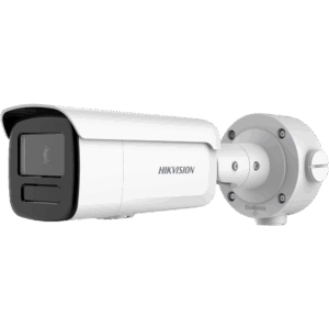 Eine weiße CCTV-Kamera von Hikvision, montiert auf einer drehbaren Halterung, zeigt nach vorne und hat ein modernes, rechteckiges Design.