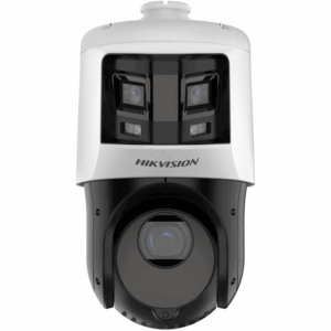 Eine weiße Sicherheitskamera von Hikvision mit zwei kleinen Linsen und einer größeren, runden Linse darunter, die für Überwachungssysteme verwendet wird.