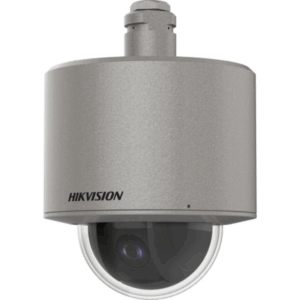 Eine silberne Überwachungskamera der Marke Hikvision mit einer kugelförmigen Linse in einem zylindrischen Gehäuse.