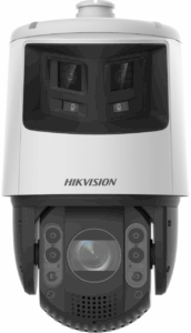 Eine Überwachungskamera von Hikvision mit mehreren Linsen und Sensoren, die ein modernes, kompaktes Design aufweist.