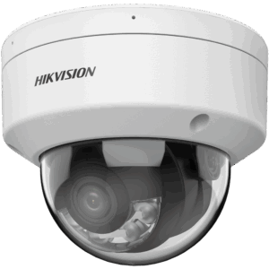 Überwachungskamera von Hikvision in einer weißen Kuppelhalterung mit Sicht auf das Objektiv und die LED-Anzeigen.