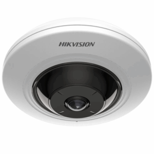 Rundförmige Überwachungskamera der Marke Hikvision mit einem schwarzen Kameramodul, eingebettet in ein weißes Gehäuse.