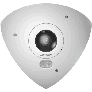Eine dreieckige Überwachungskamera von Hikvision mit einem zentral platzierten Objektiv und zwei LED-Leuchten darunter.