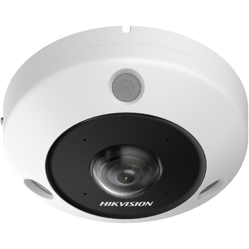 Eine Hikvision Decken-Überwachungskamera in Weiß mit einem zentralen Objektiv und einem Mikrofon oberhalb des Objektivs.