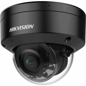 Schwarze Überwachungskamera der Marke Hikvision mit einer abgerundeten Kuppelform und einem durchsichtigen Gehäuse um das Objektiv.