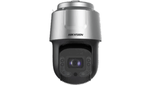 Fortschrittliche silberne Sicherheitskamera von Hikvision mit einem kugelförmigen Design und sichtbaren Kameralinsen vorne.