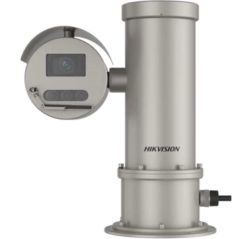 Industriekamera von Hikvision mit zylindrischem Gehäuse und befestigter Linse, geeignet für Überwachungsaufgaben in rauen Umgebungen.